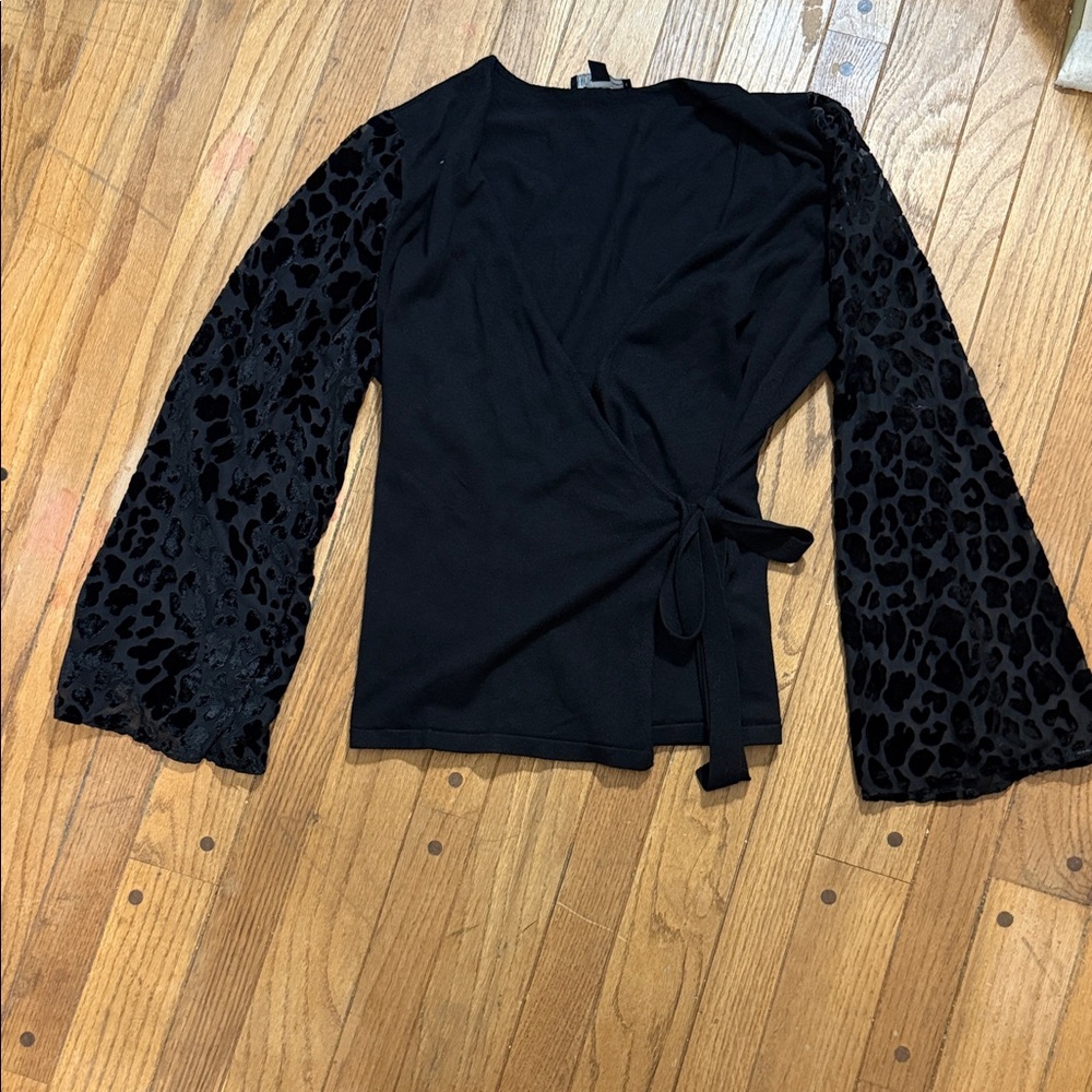 INC International Concepts Black Wrap Blouse with Velvet Sleeves - Picture 4 of 5